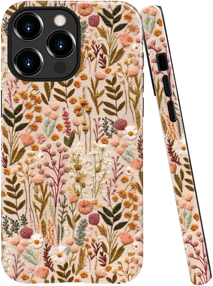 Compatible with iPhone 15 Pro Max,Anti-Scratch Glossy Case Cover,Boho Romantic Embroidery Flower