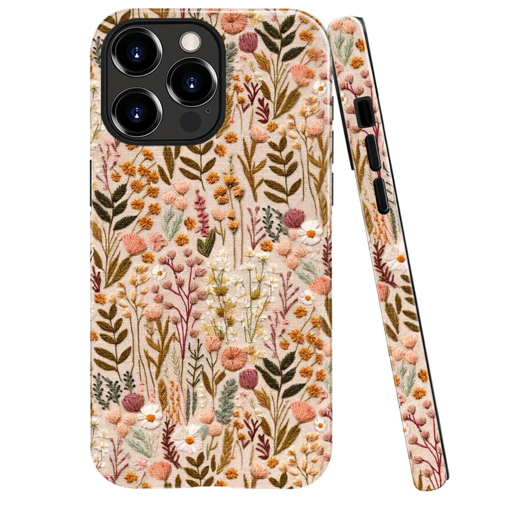 Compatible with iPhone 14 Pro,Anti-Scratch Glossy Case Cover,Boho Romantic Embroidery Flower