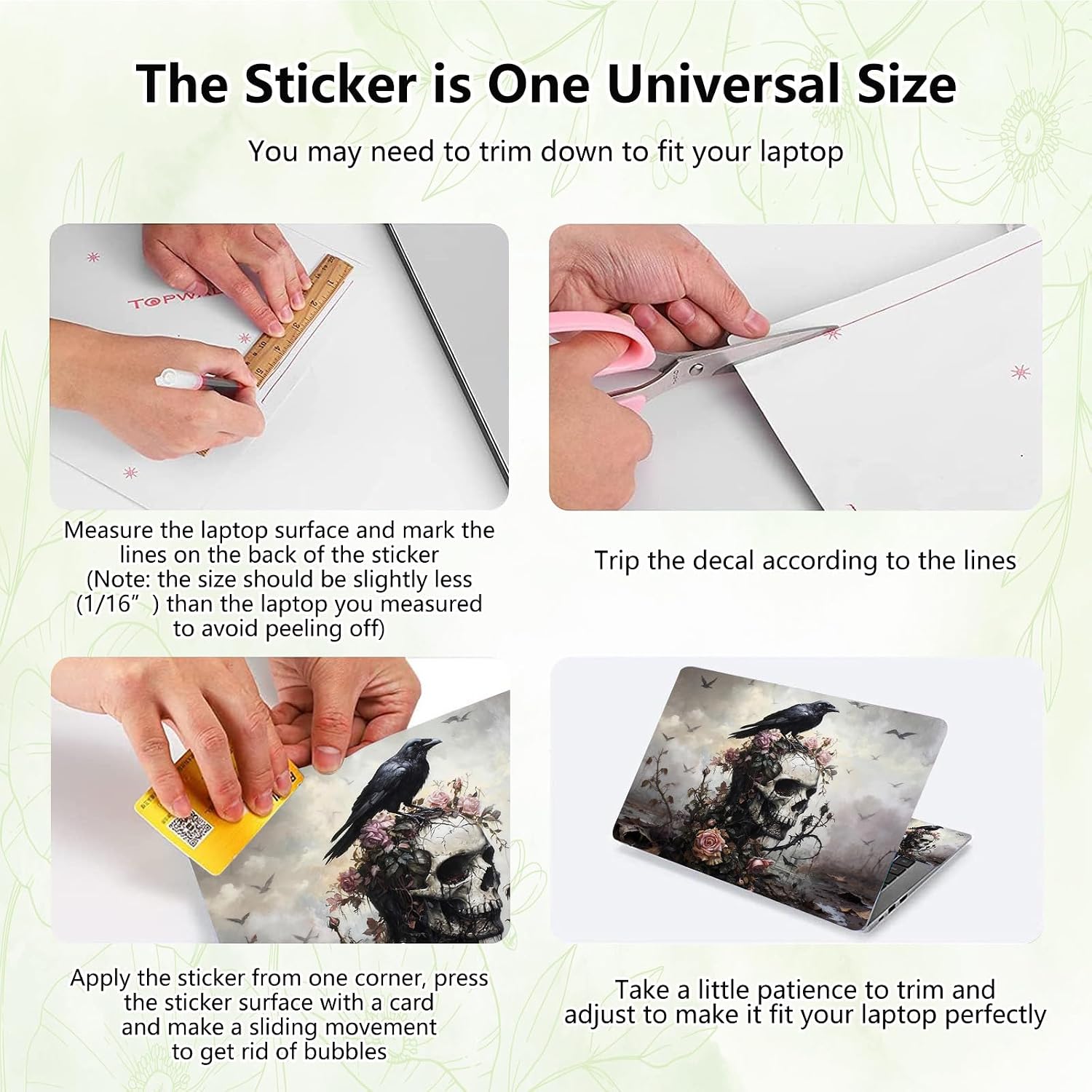 Laptop Skin Sticker Decal, Universal Reusable Vinyl Laptop Cover for 12" 13" 13.3" 14" 15" 15.4" 15.6" Notebook PC, Waterproof Scratch-Resistant with 2 Wrist Pads, Easy to Apply & Remove,Crow Skull