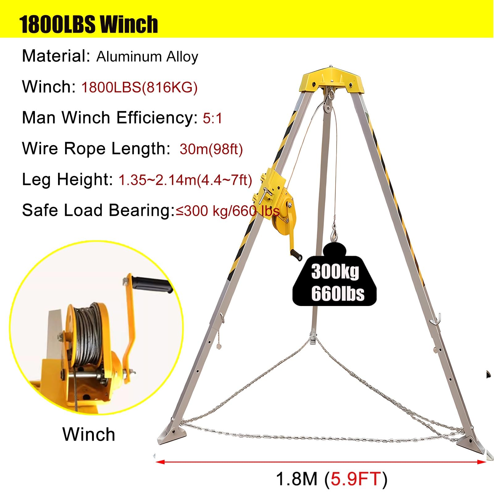 Support de treuil, Kit trépied en Aluminium, treuil de Levage for, sécurité avec Dispositif Verrouillage Automatique(2600 LBS Winch)