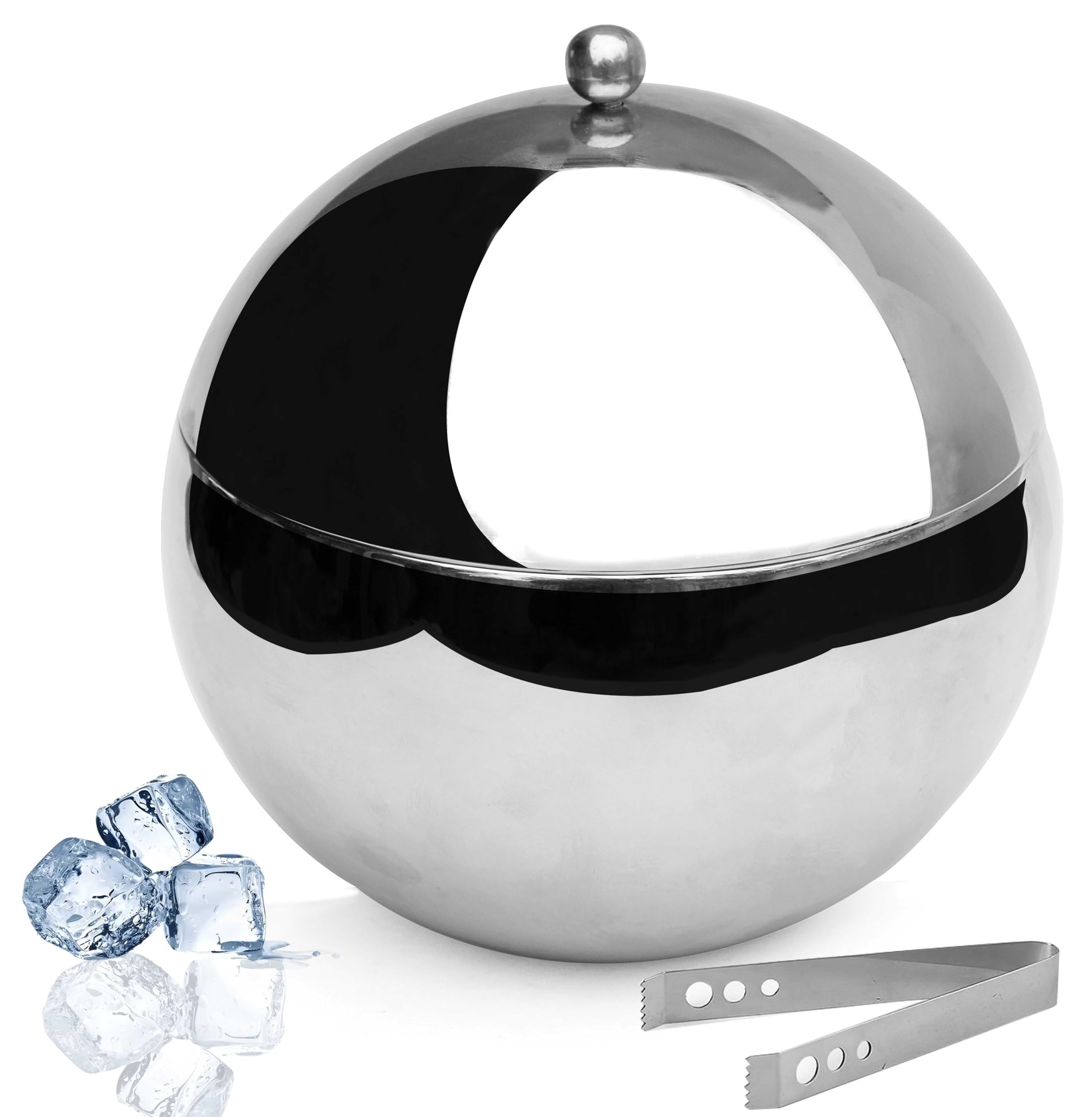 Pure Source India Stainless Steel Insulated Double Walled Plain Ice Bucket with Lid & Ice Tonge for Home Bar Accessories, Mini Bar (1300 ML Round)