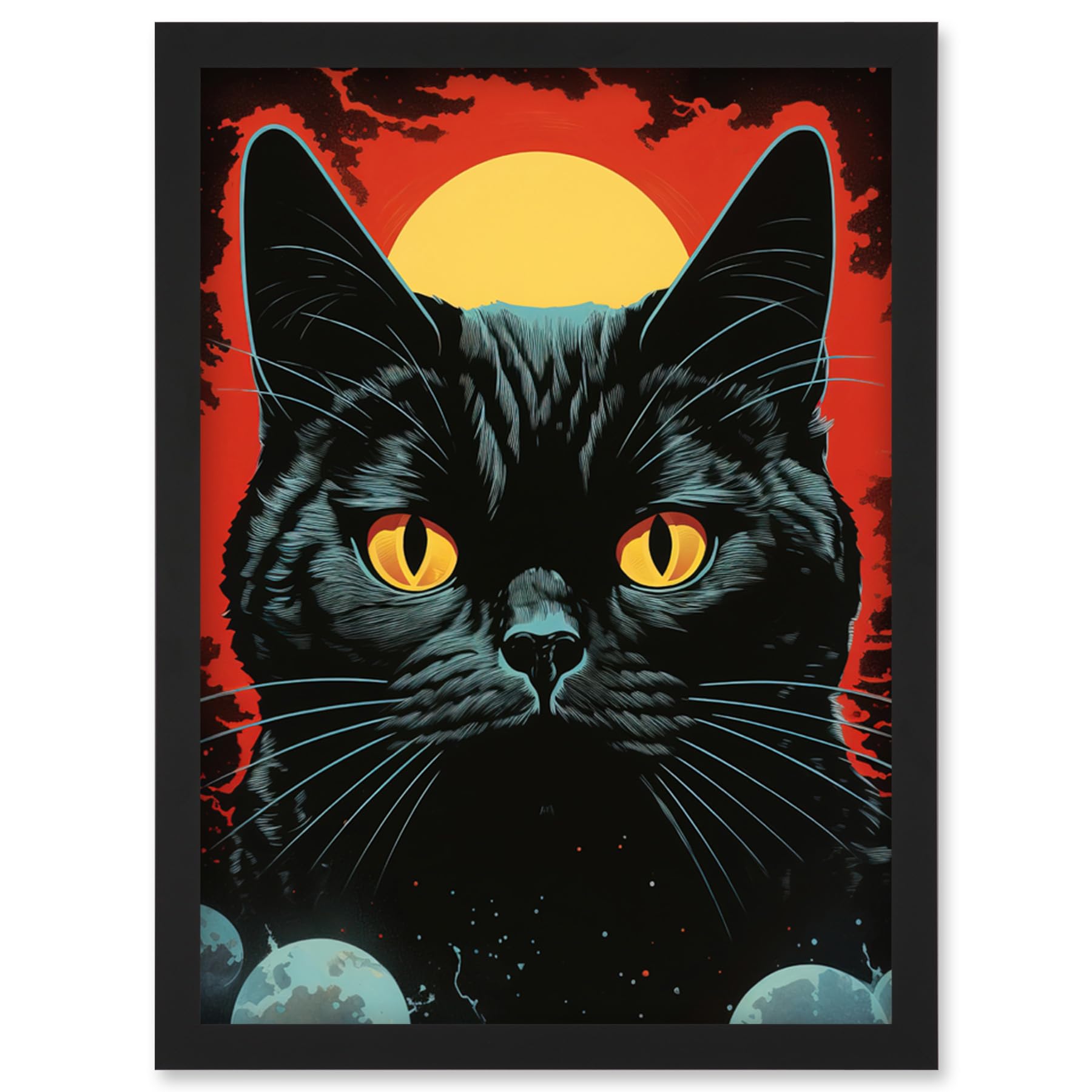 Artery8 In the Shadow of the Celestial Black Cat Vintage Pulp Art Sci-Fi Cover Artwork Red Yellow Blue Solar Eclipse Artwork Framed Wall Art Print A4