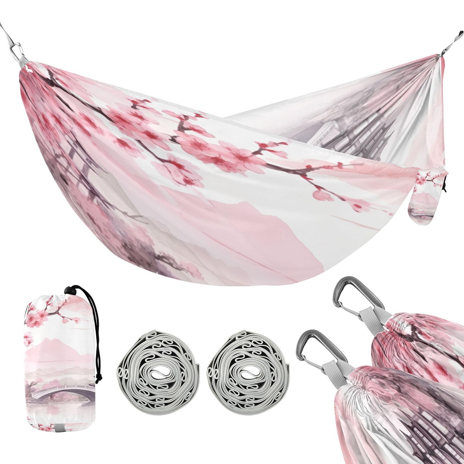 SDMKA Asian Style Pink Camping Hammock, 330 lbs with 2 Tree Straps, Carry Bag, Single Portable Hammock for Outdoor/Indoor, Hiking, Beach, Backpacking, Travel