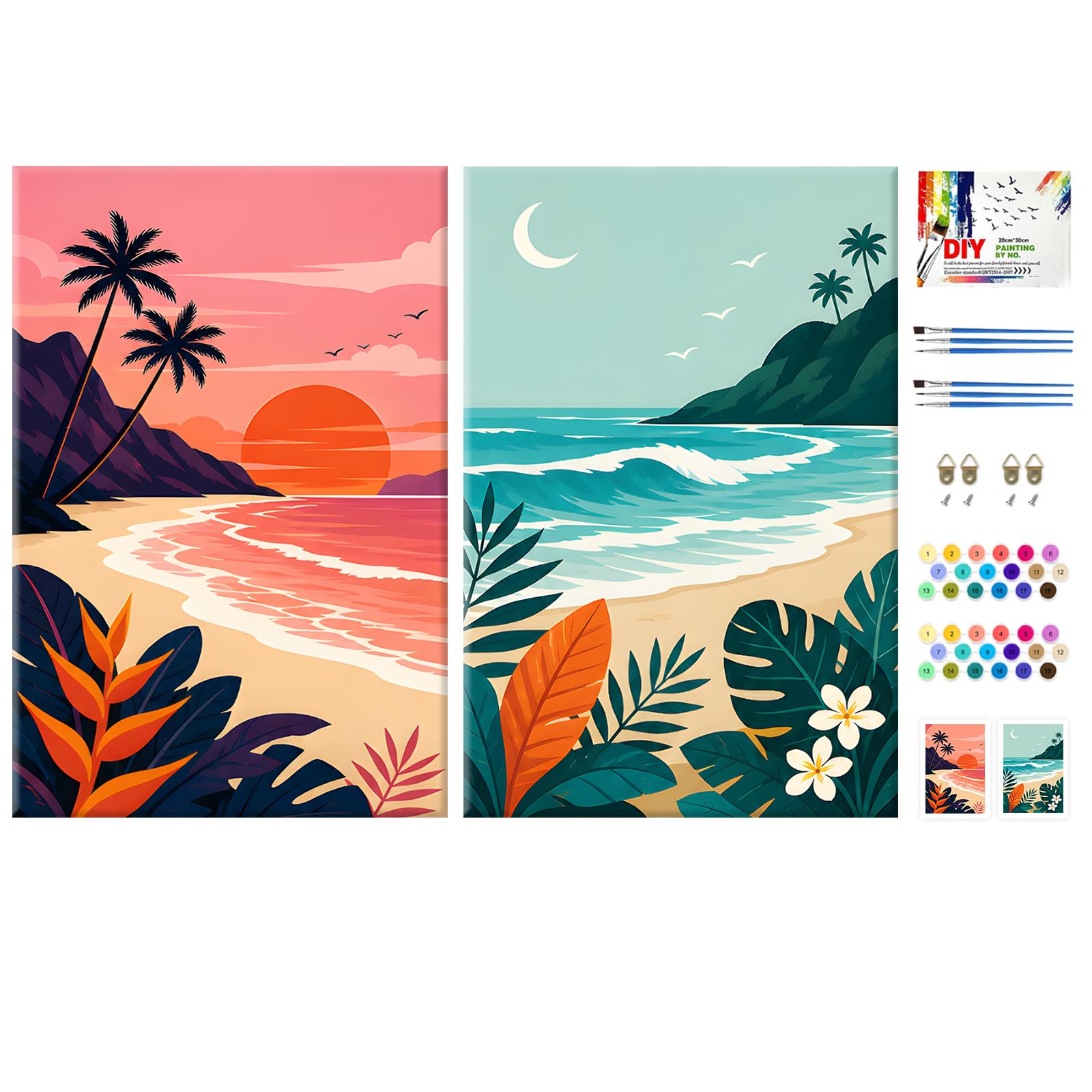 NEWENMO 2 Pack Beach Scene Paint by Numbers Kits Stretched Canvas Adults