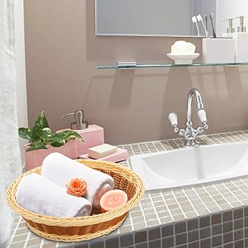 Yarlung 3 Pack Woven Bread Baskets, Plastic Wicker Fruit Baskets 11.5 Inch Round Imitation Rattan Basket, Stackable Food Serving Holder for Kitchen, Restaurant, Outdoor, Brown & Beige