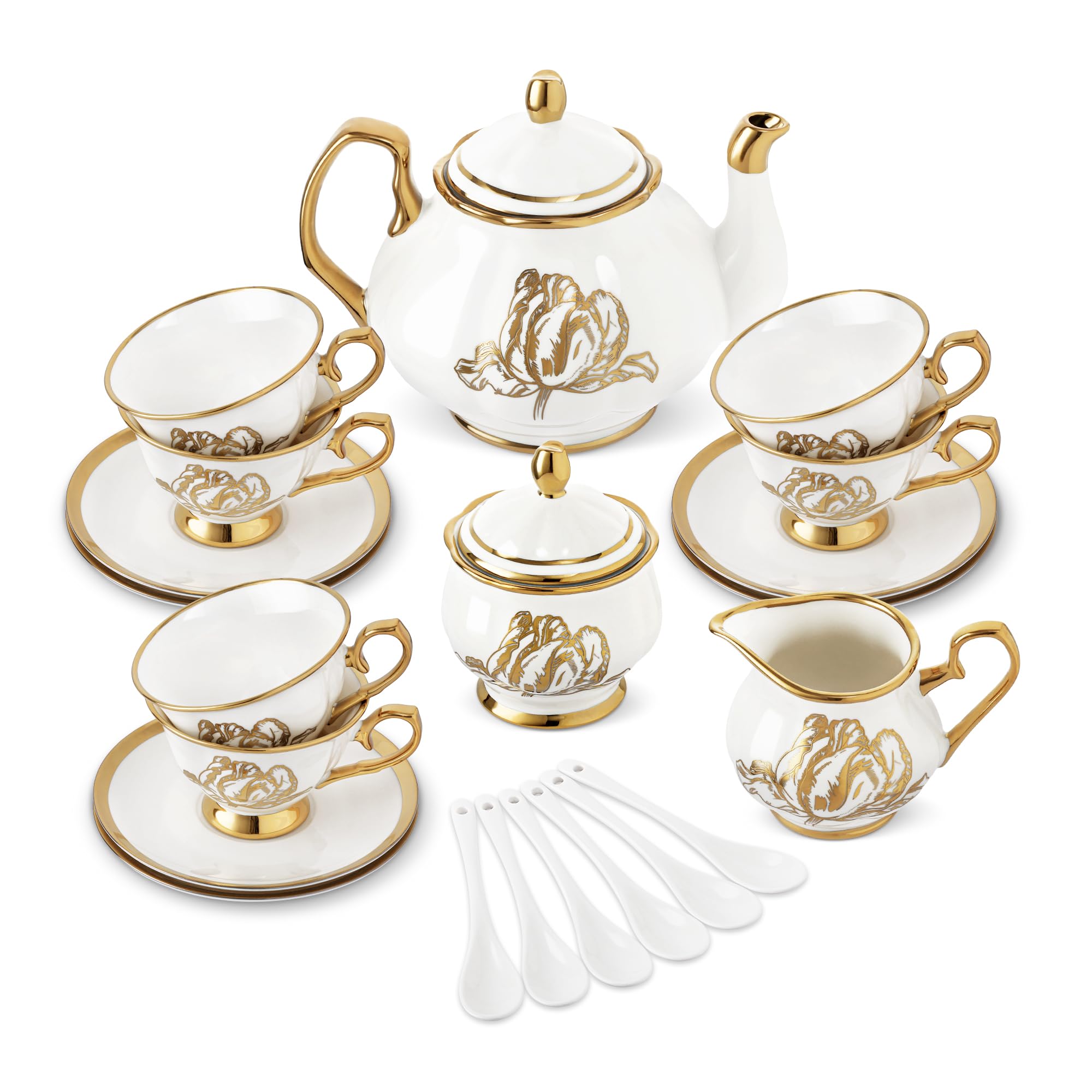 fanquare 21-częściowy zestaw do herbaty z brytyjskiej porcelany kostnej, zestawy do kawy Gold Tulip na przekąskę, 6 filiżanek do herbaty i spodków do kawy w domu, na ślub, urodziny