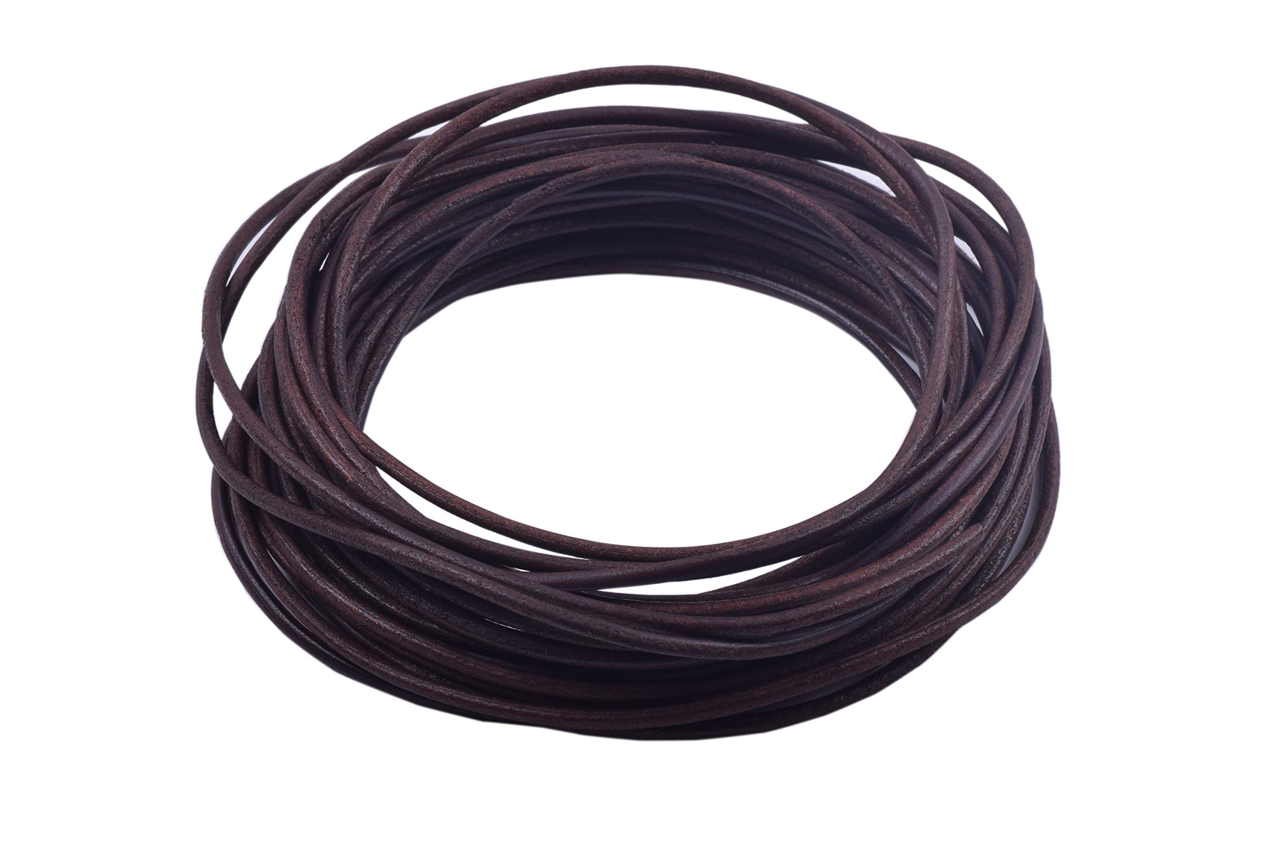 KONMAY 3.0mm Round Real Leather Cord, 10 Yards Antique Brown Leather String Cord for Jewelry Making, Necklaces, Bracelets and Crafting