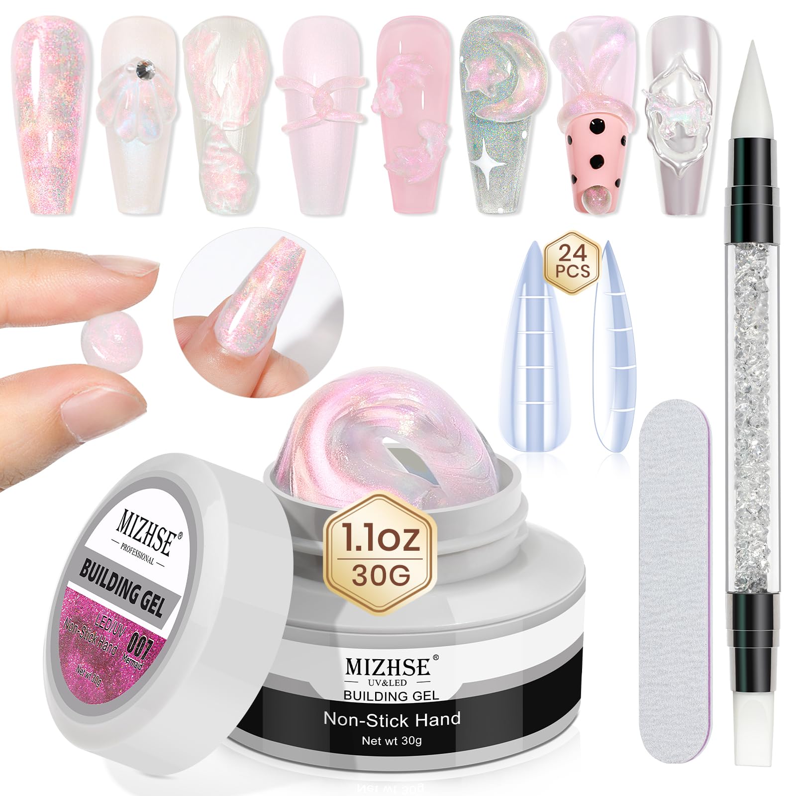 MIZHSE Solid Builder Gel for Nails, Mermaid Pearl 1oz Hard Gel Builder Non Sticky Nail Extension Gels Long Lasting Modeling Sculpture Nail Salon Art Home Use