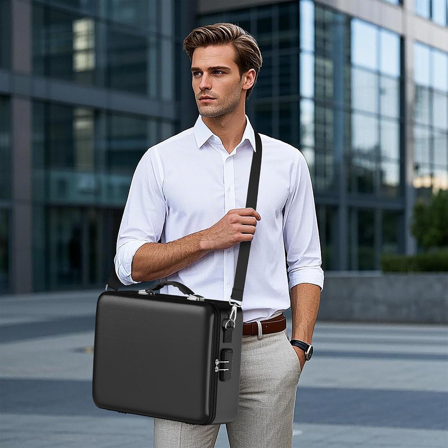 Fireproof Document Box with Lock, Durable Hard Case File Organizer Fire Safe Box, Hard-Shell Design Waterproof Fireproof Safe Important Document Organizer (Pink with Shoulder Strap)