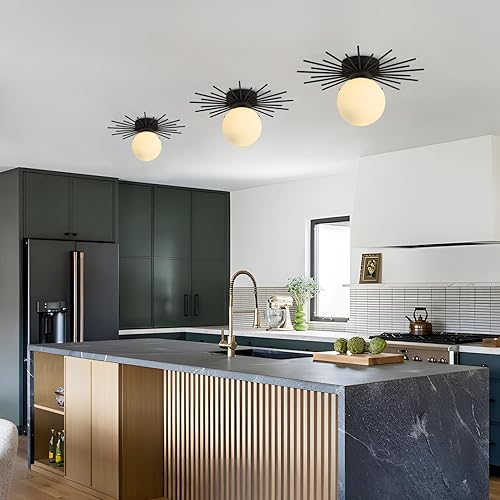 Miniatura 7 de BOKT Moderna lámpara de techo semiempotrada negra con globo de vidrio de leche, lámpara industrial cerca del techo, lámpara vintage pequeña para