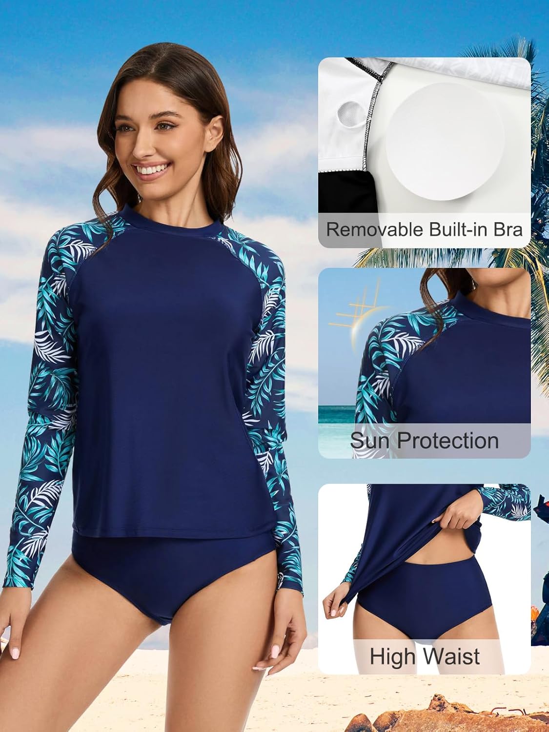 Women's Long Sleeves Rash Guard Swimsuits Swim Shirts UPF 50 Sun Protection Two Piece Swimsuits with Built in Bra - Image 5
