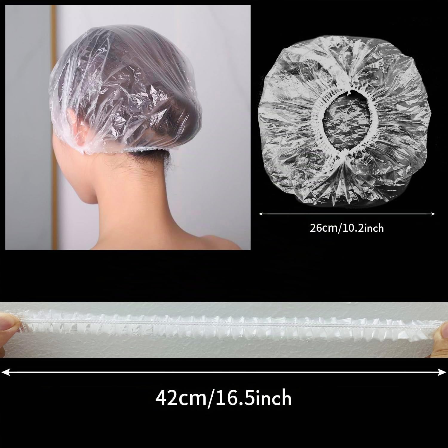 Lot de 50 bonnets de douche, jetables, en plastique, élastiques, imperméables, pour salon, spa, voyage, usage domestique, hôtel, douche (50 pièces, 42 cm)