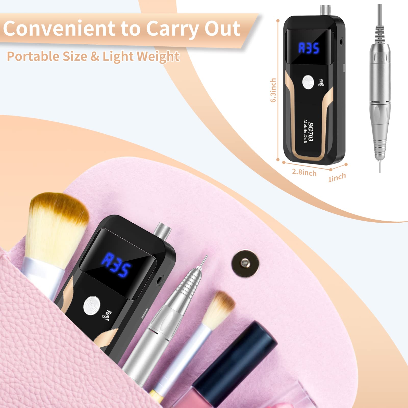 MOCOWIND Portable Nail Drill Professional 35000 RPM, Rechargeable Electric Nail File Machine Cordless E-File for Acrylic Gel Polishing Removing with Bits Kit for Manicure Salon Home,: Black