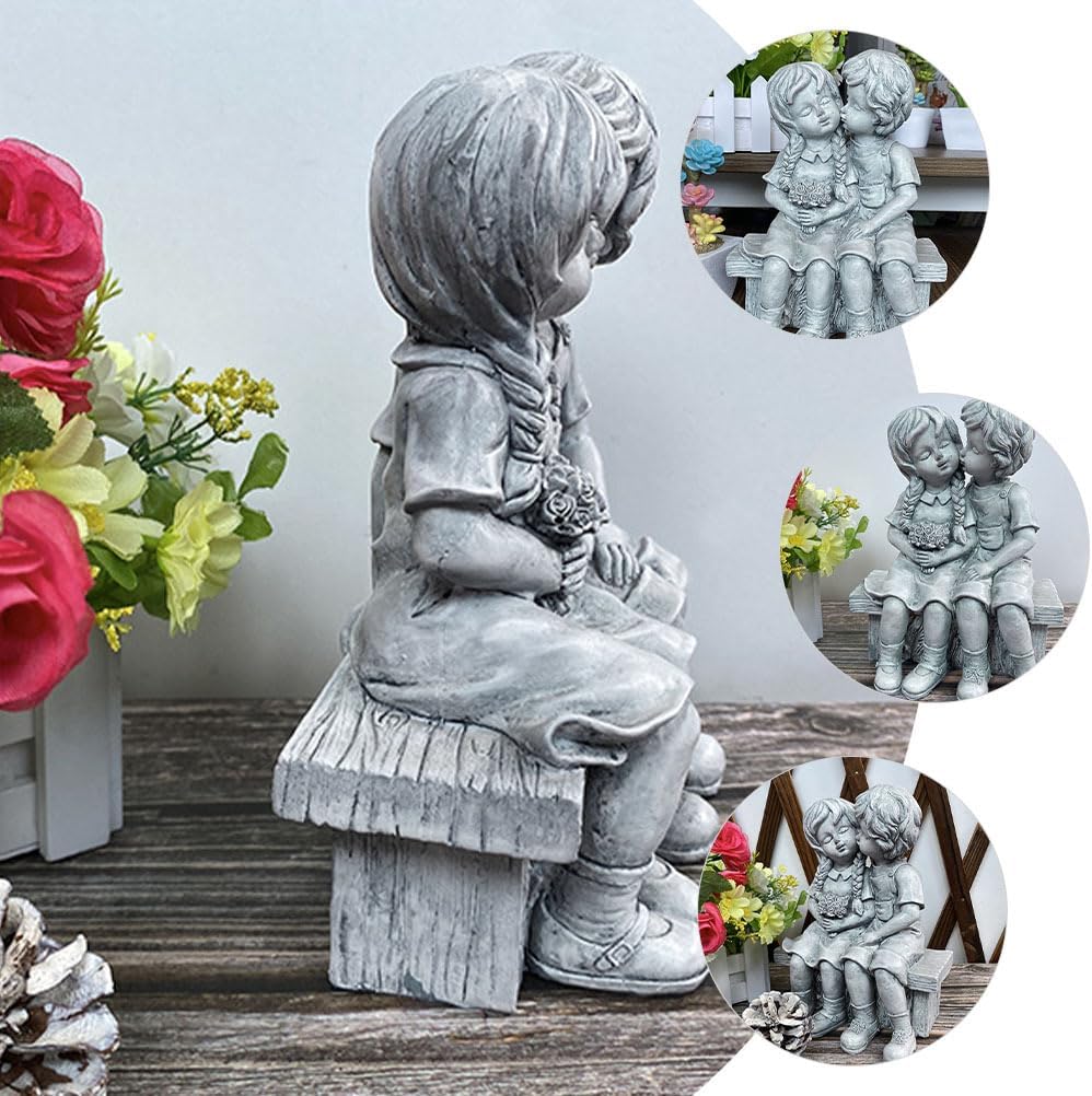 Boy Kissing Girl Statue Sitting on Bench Figurine, Puppy Love Kissing Couple Durable Home Ornament for Lover Birthday Present Art Collection Outdoor Lawn Yard Patio