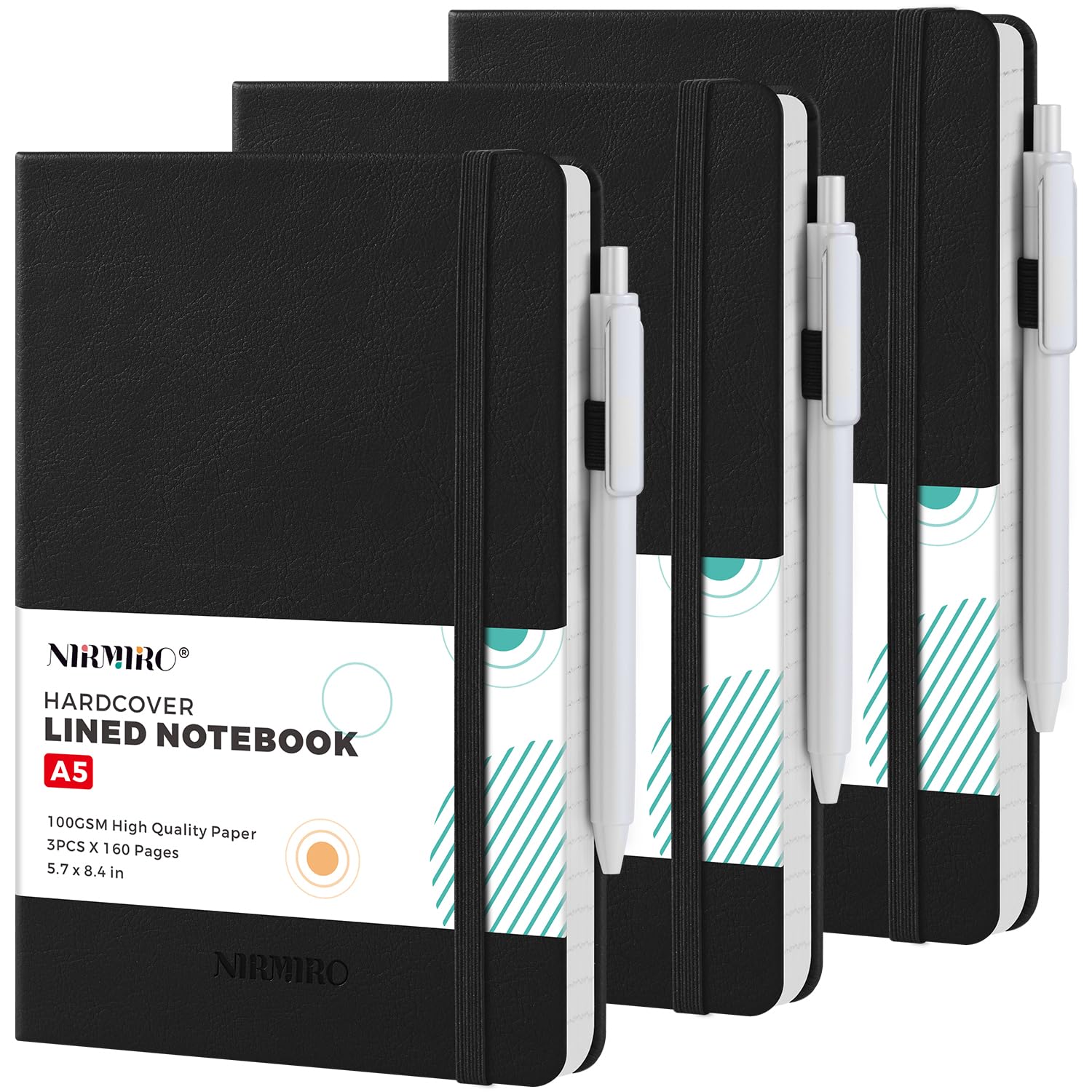 Photo 1 of (3 Pack) Lined Journal Notebook with Pen, A5 (5.7"x8.4") Leather Hardcover Journaling Notebooks for Women Men Work, 160 Pages per Note Book, 100GSM Paper, School Office Supplies, Black
