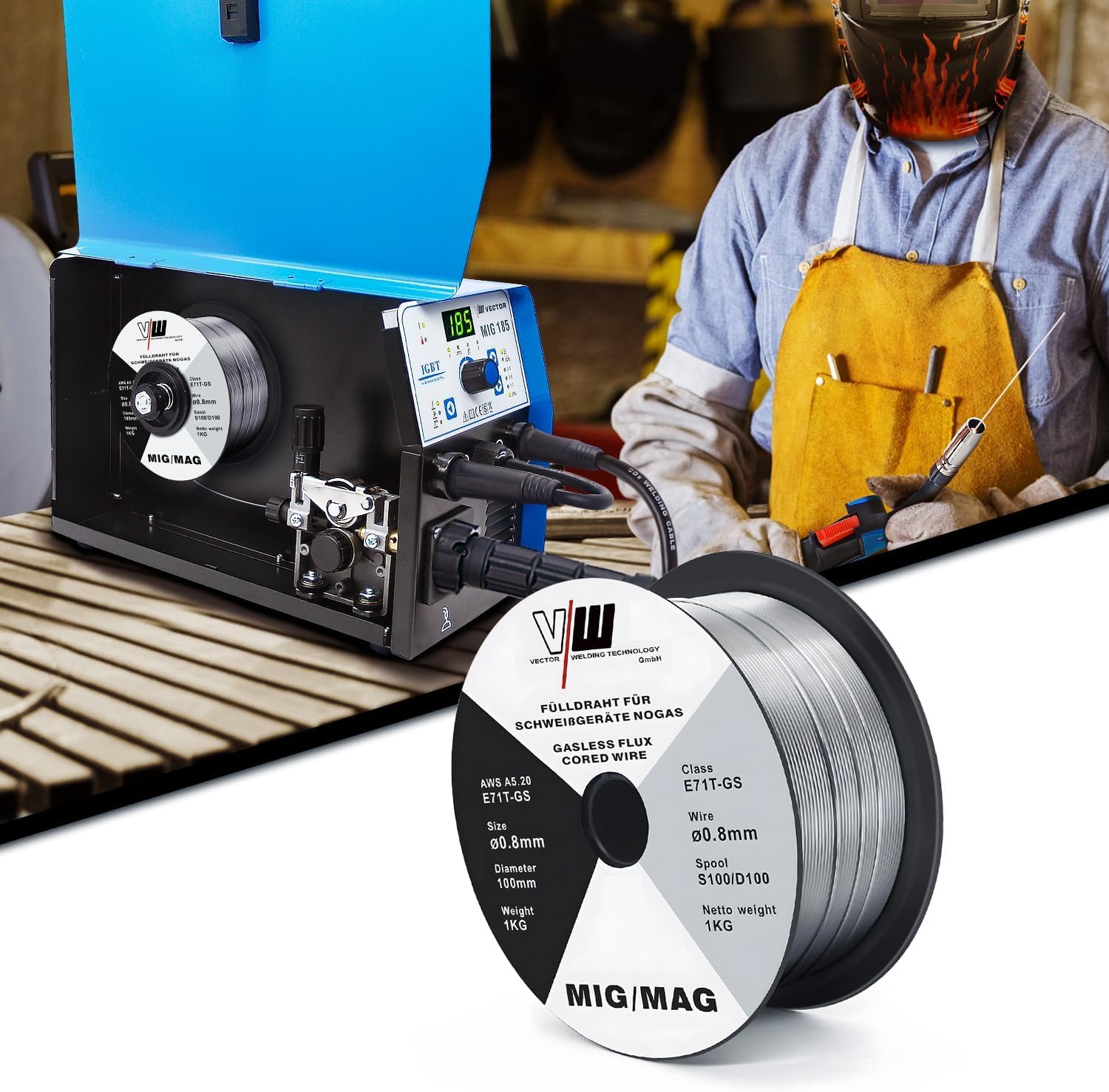 VECTOR WELDING Filo Animato E71T-GS 0,8mm 3KG Bobina MIG MAG D100 Saldatura Universale