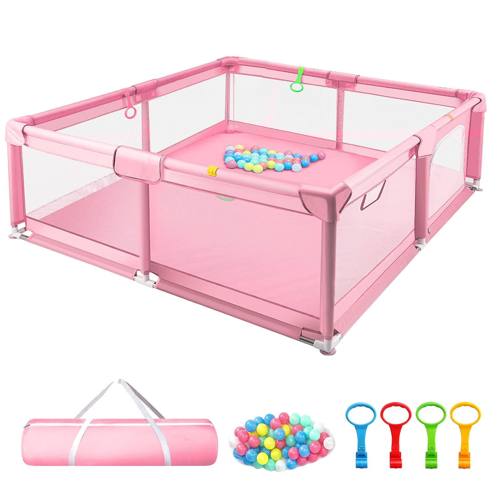 LN COZY CORNER Baby Playpen for Toddlers, Large Safety Playpen with Soft Fabric Bumpers, Sturdy Baby Play Yard with Breathable Mesh, Easy Setup Portable Playpen (Pink, 180x150cm)