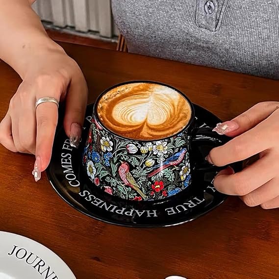 Morris Style Ceramic Cup& Saucer Set, 9oz- Birds and Floral (Black)