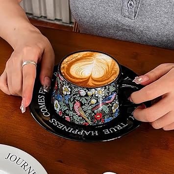 Morris Style Ceramic Cup& Saucer Set, 9oz- Birds and Floral (Black)
