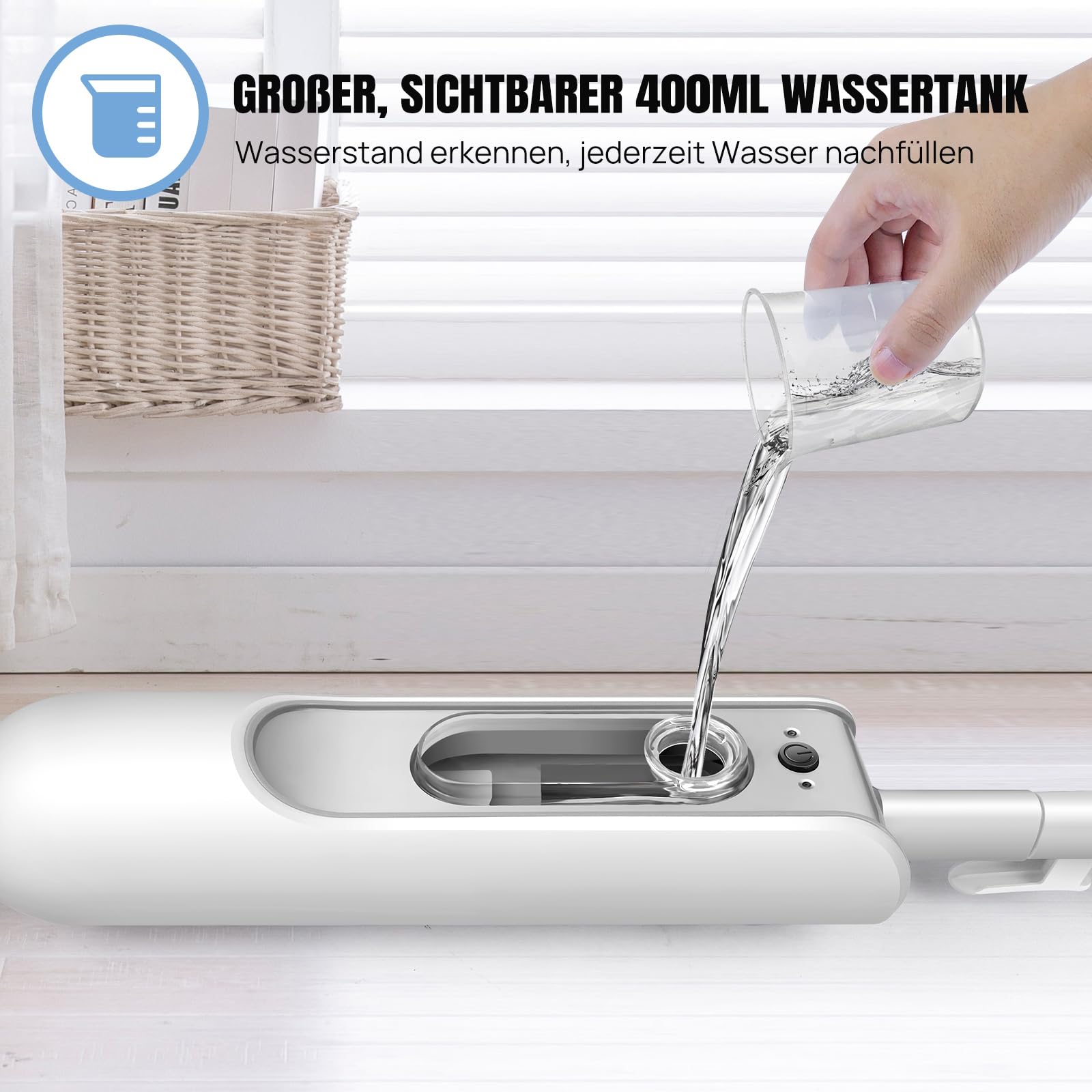 Qimu Dampfreiniger 1500W Dampfbesen Bodendampfreiniger Hand-dampfreiniger bis 108°C für Tiefenreinigung Böden Elektrischer Bodenwischer mit Wassertank 400ML, Entfernt bis zu 99,9% der Bakterien