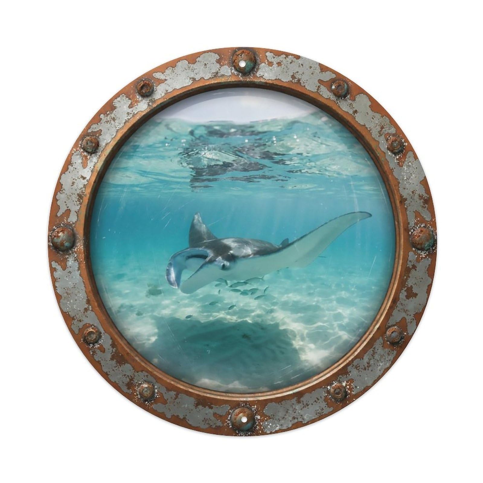 Vintage Porthole Manta Ray Nautical Window View Metal Tin Sign