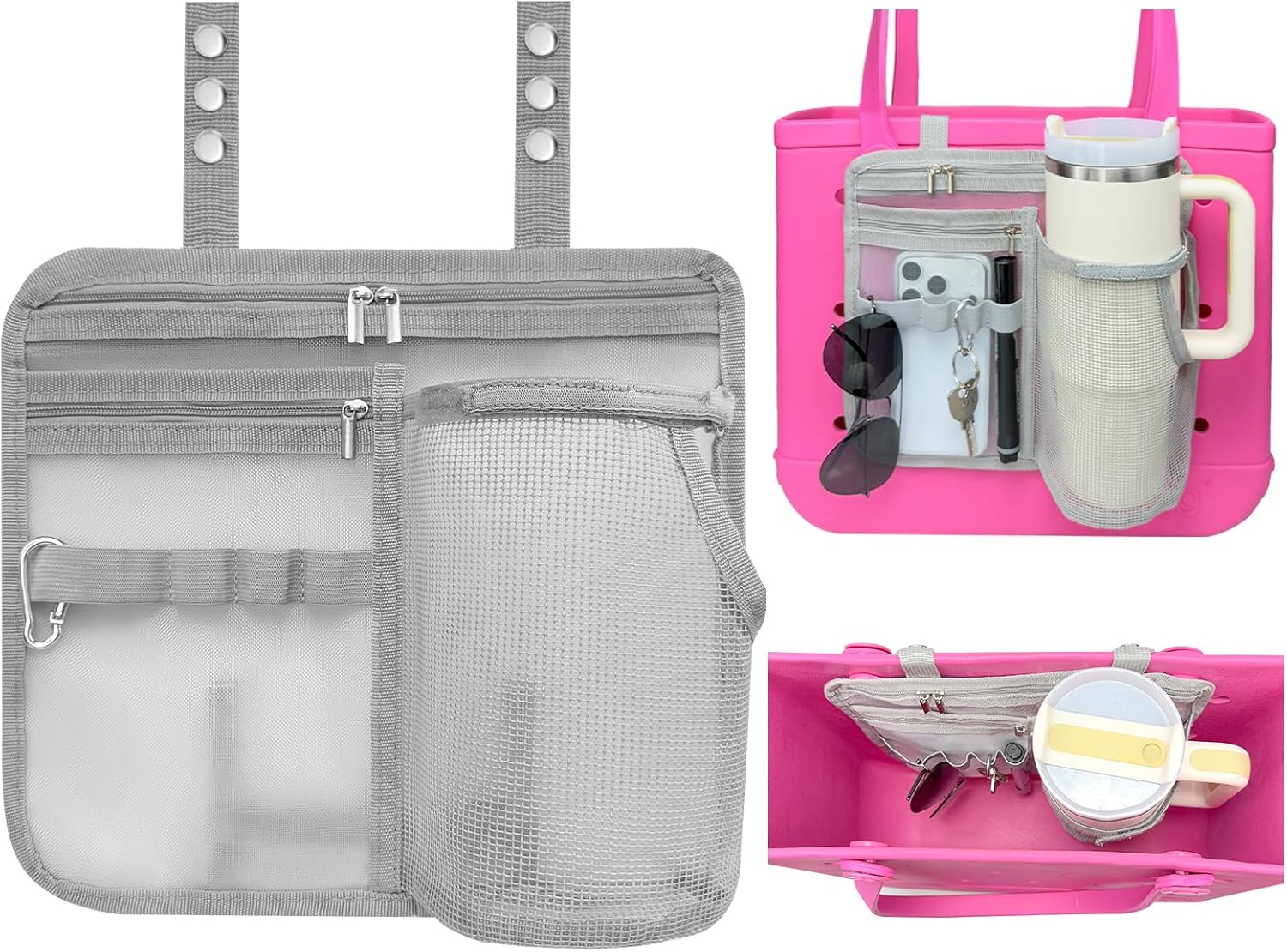 XYFuuee Organizer Holder for Bogg Simple Modern Bag Accessories | Cup & Phone Holder for Stanley 40oz 30oz, Lightweight Mesh Insert Pouch Divider for Large Medium Baby Beach Bog Rubber Tote