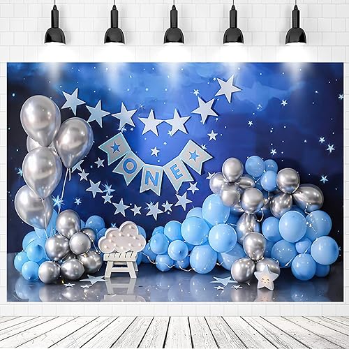 Globos de estrellas centelleantes de cielo azul para fiesta de primer cumpleaños de un año de edad, telón de fondo para fiesta en el hogar, pancarta