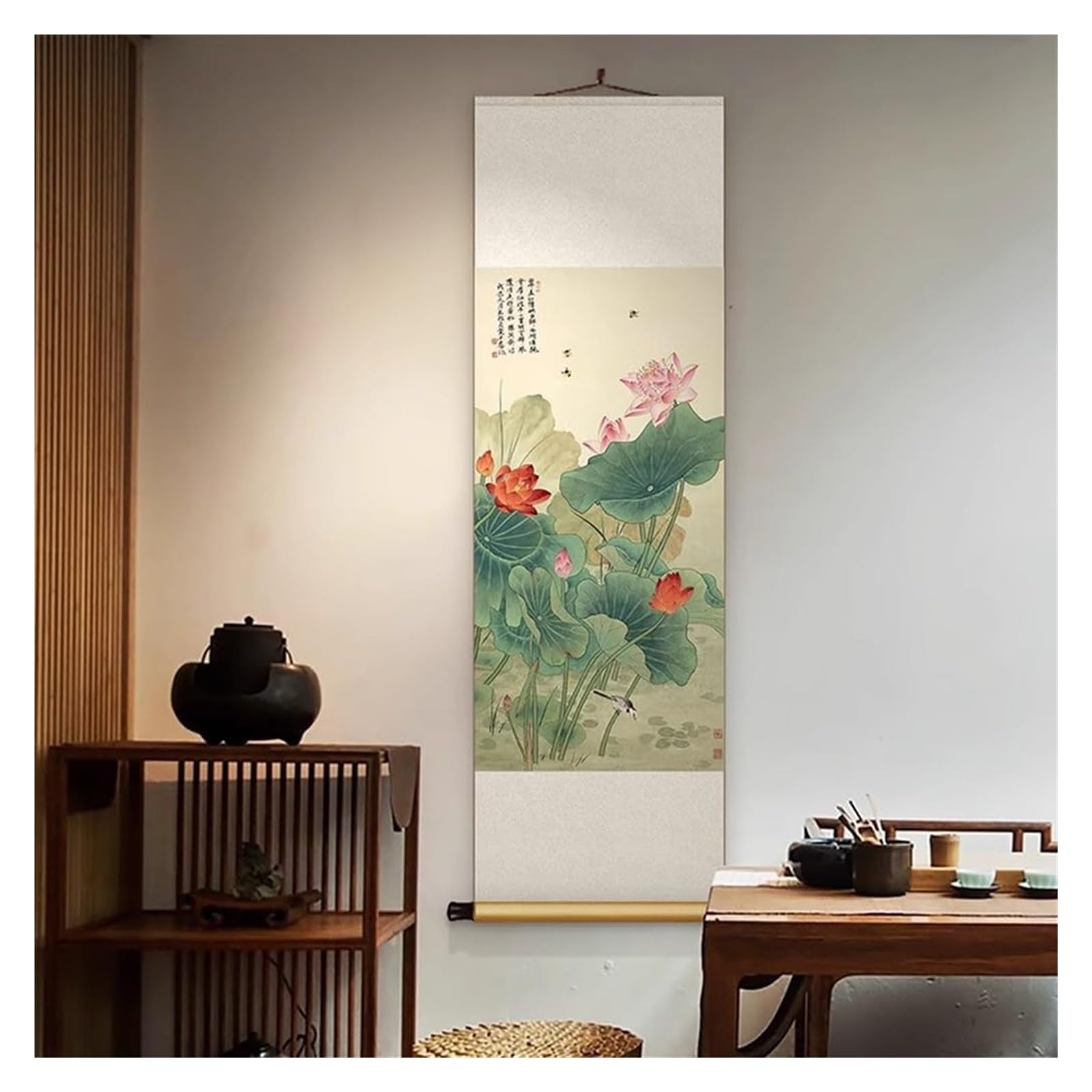 Chińskie malarstwo z motywem lotosu, klasyczny plakat Feng Shui do przedpokoju, pionowy plakat jedwabny, kreatywny prezent(Retro,50L x 158W cm)