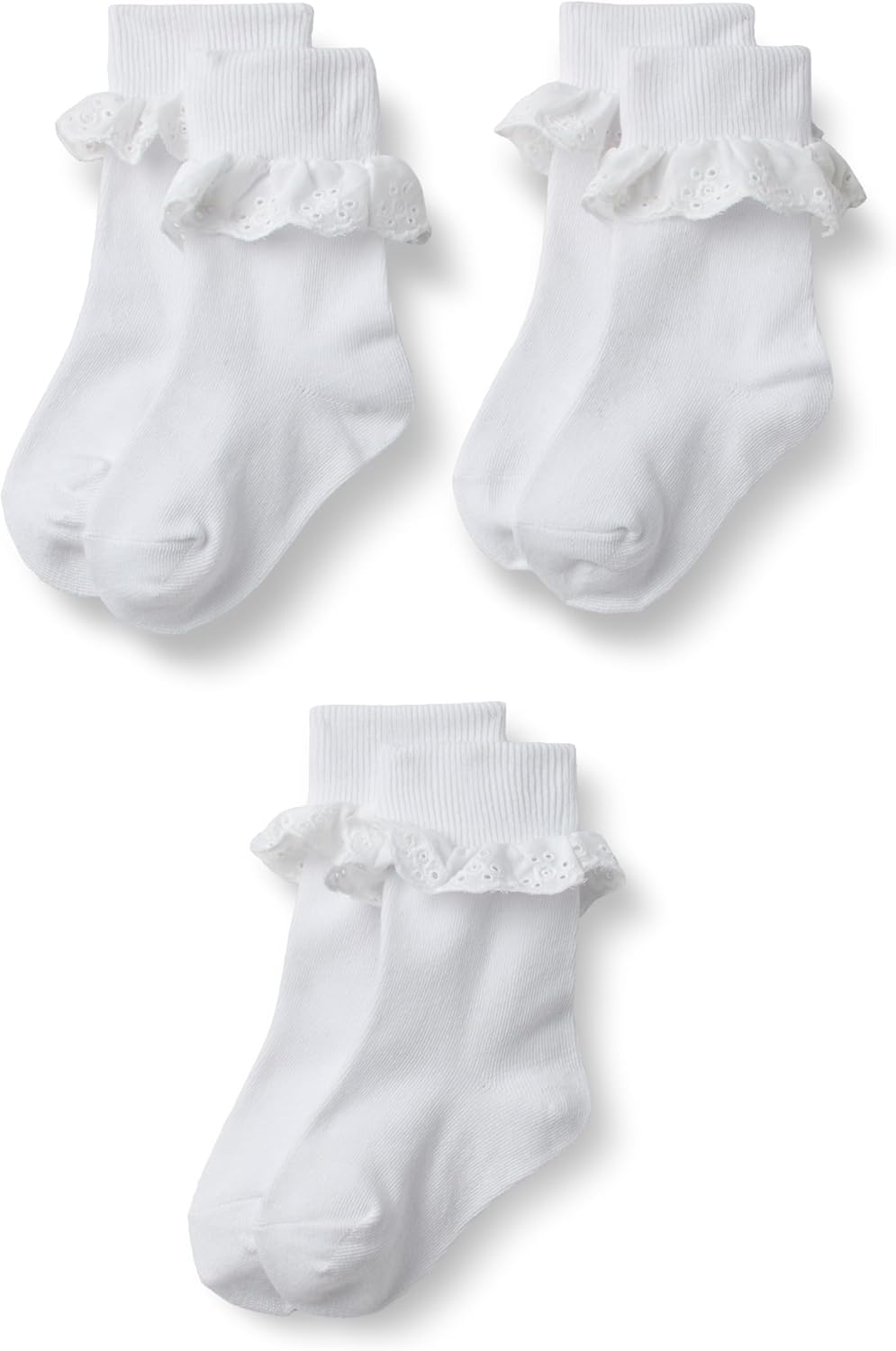 Amazon Essentials Girls' Ankle Socks with Eyelet Lace Ruffle, Fold-Over Cuff, 3 Pairs