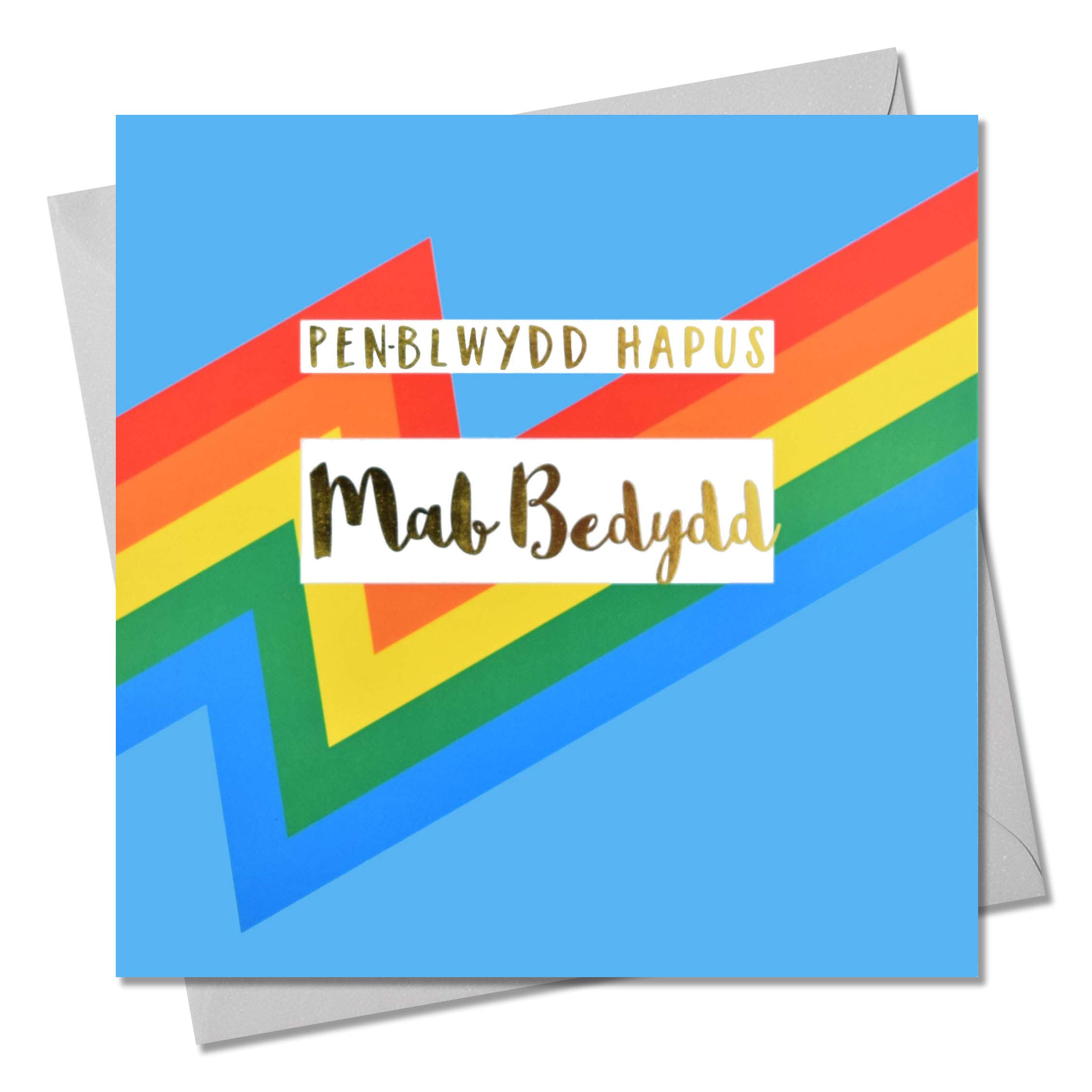 Claire Giles Greeting Cards, Welsh Happy Birthday Godson Card, Penblwydd Hapus MAB Bedydd, Text Foiled in Shiny Gold