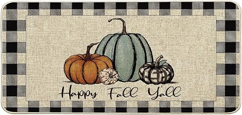 Felpudo de otoño con diseño de calabaza a cuadros de búfalo de otoño para puerta de casa de campo, alfombra de pasillo de entrada de perfil bajo,