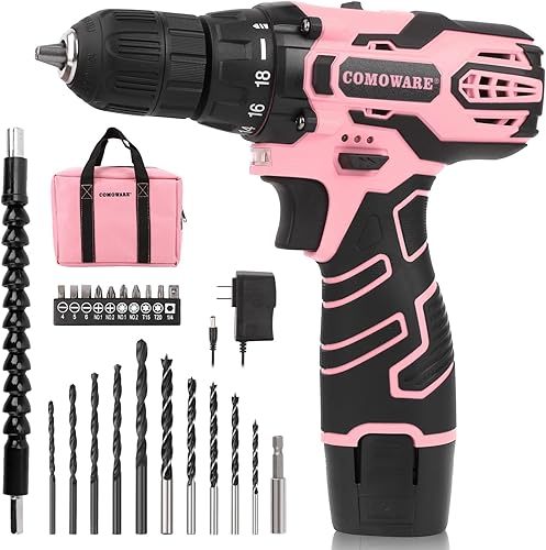 COMOWARE Juego de taladro inalámbrico rosa para mujer, destornillador eléctrico ligero de 12 V con portabrocas sin llave de 38 pulgadas, batería de