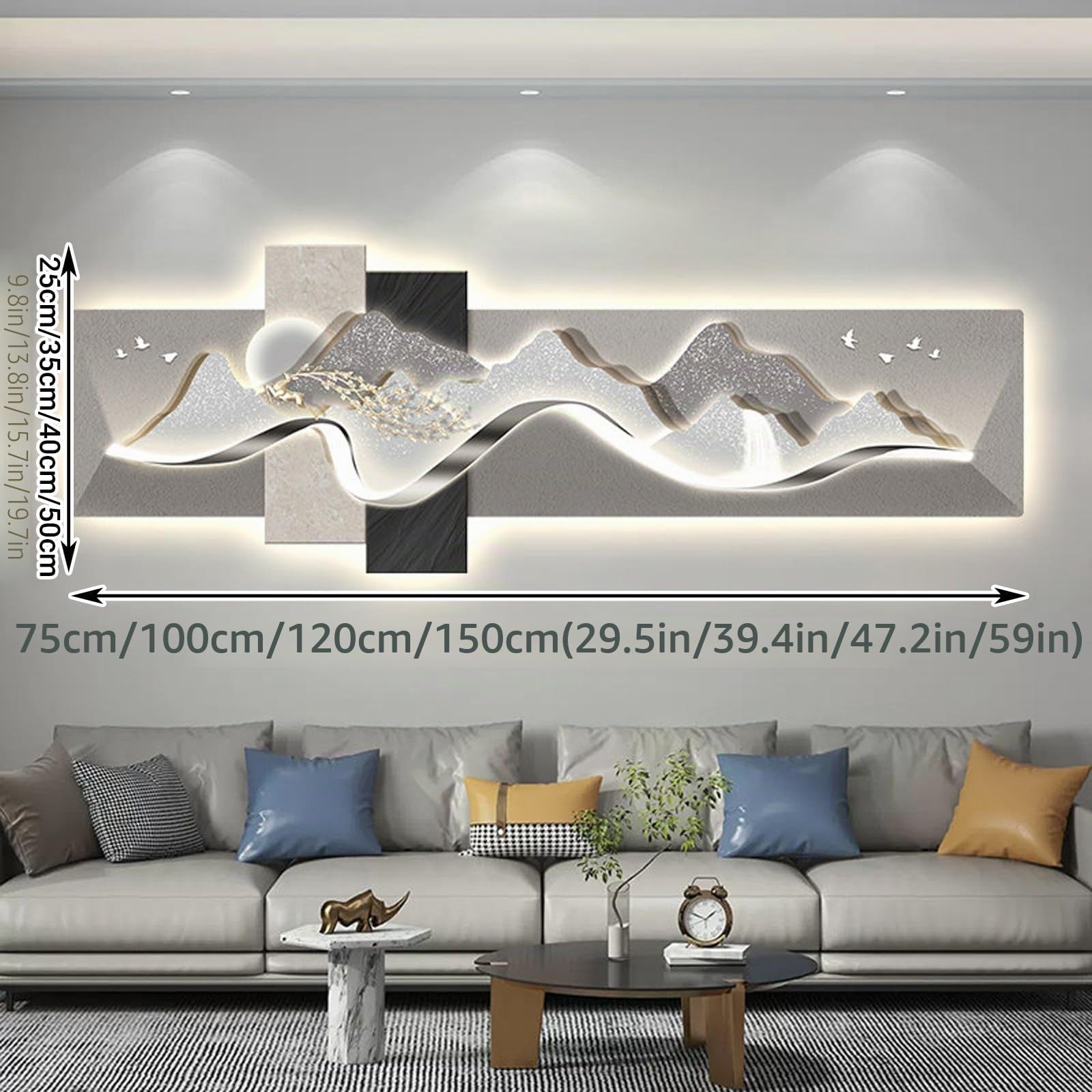 Scultura Decorativa per Parete in Stile Moderno, Quadro Decorativo in Rilievo 3D con LED, Adatta per Soggiorno, Camera da Letto, Ufficio, corridoio(D,75 * 25cm/29.5 * 9.8in)