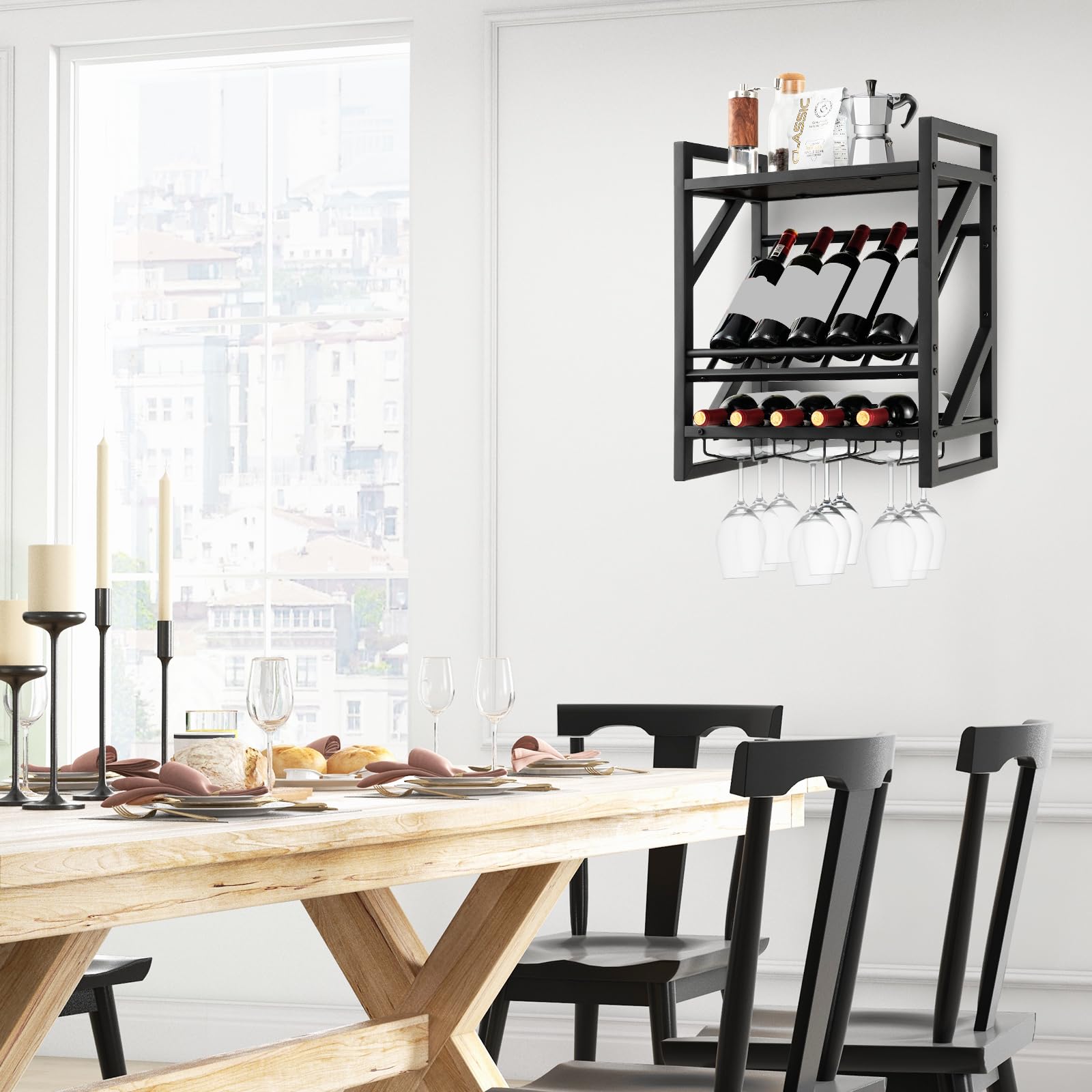 KOMFOTTEU Cantinetta a Parete, Scaffale Vino Decorativo con Portacalici per Coppe, Supporto per Bottiglie Appendibile, 20 kg di Carico per Strato, per Cucina, Cantina, Bar (51 x 26,5 x 60 cm)