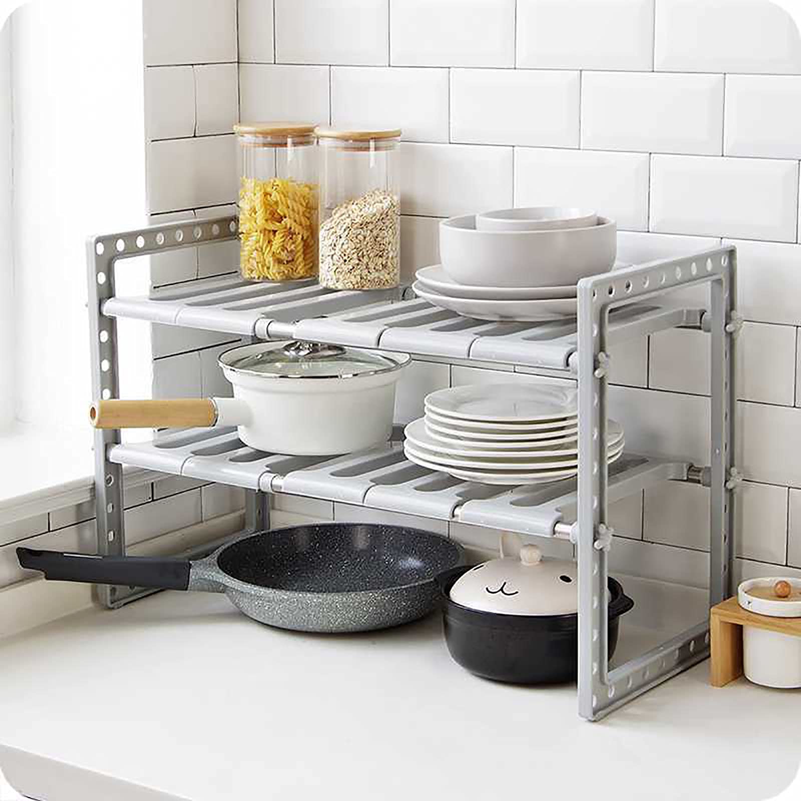 QUNINE Küchenorganisatoren, Aufbewahrungsregale, verstellbar, ausziehbar, vielseitig einsetzbar, für Küche, Badezimmer, unter der Spüle, Regal, Organizer/Grau (Grau)