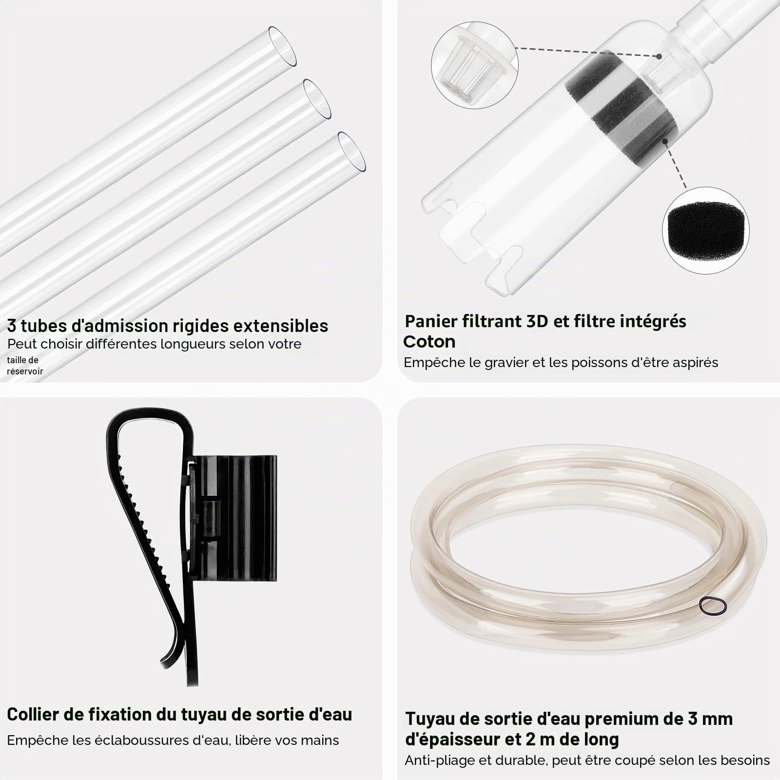 Fishkeeper Aspirateur pour Aquarium, 4 en 1 Aspirateur d'aquarium Puissant Ensemble de Nettoyage d'aquarium Réglable, Nettoyeur de Fond Démontable Anti-obstruction pour Changement d'eau, Nettoyage du