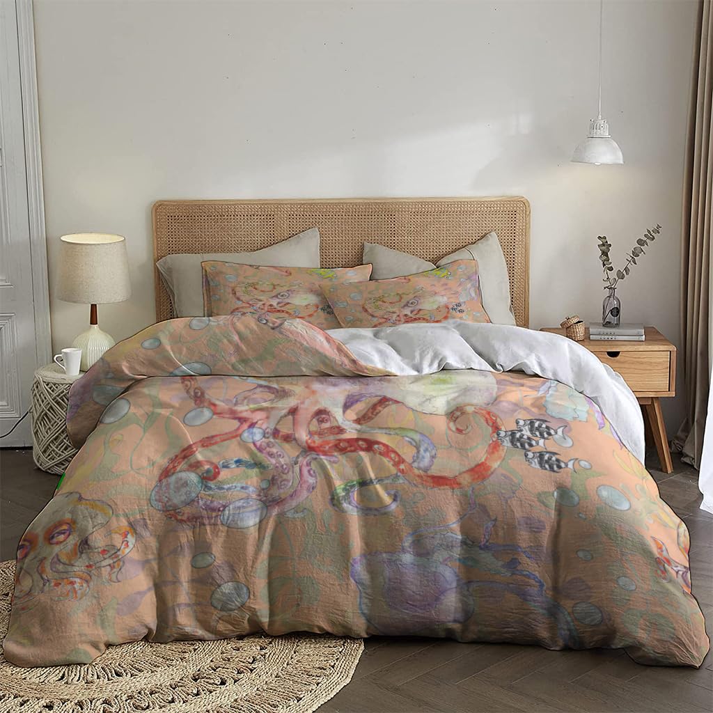 NIBAINLO 布団カバー海中-航海-水彩-ヴィンテージ シーライフ ブラウン 肌に優しい ピーチスキン加工 掛け布団カバー 和式 洋式 あったか 布団カバーセット リバーシブル ホームステイ ホテル 家庭兼用