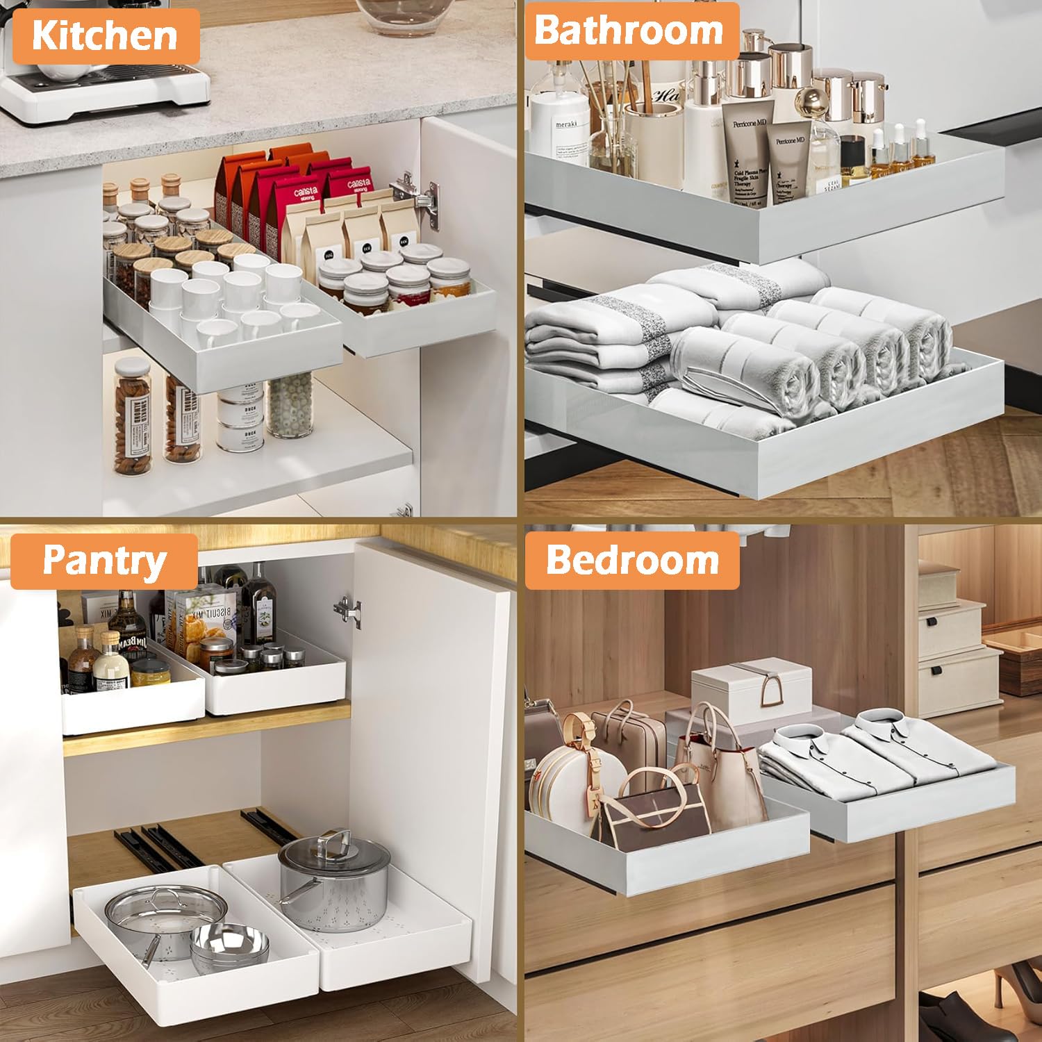 Pack de 3 Cajones Extraibles para Cocina, 3 Tamaños de Cajon Telescopico Adhesivo, Organizador Cocina con Película Nanoadhesiva, para Cocina, Despensa y Baño, Blanco