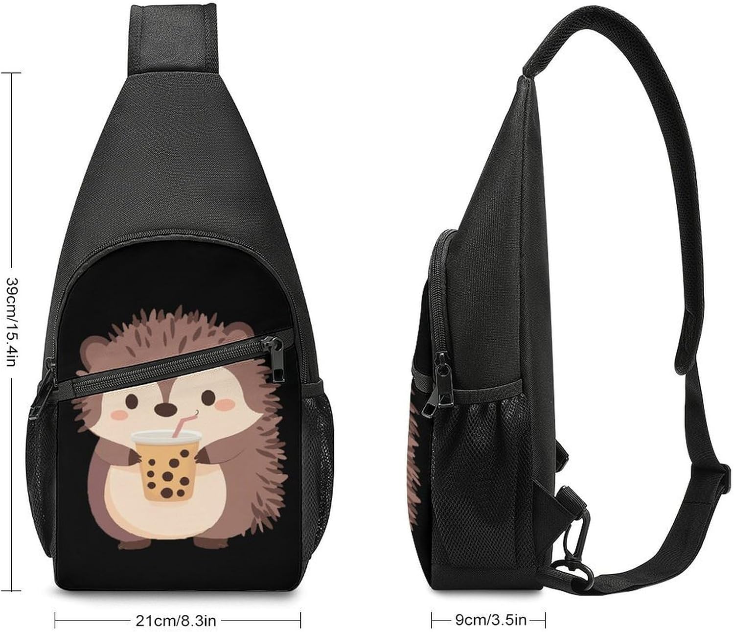 Hedgehog Drinking Milk Tea Crossbody Sling Backpack Chest Bag Daypack | unisex,trendy,with convertible and detachable shoulder strap,side pockets