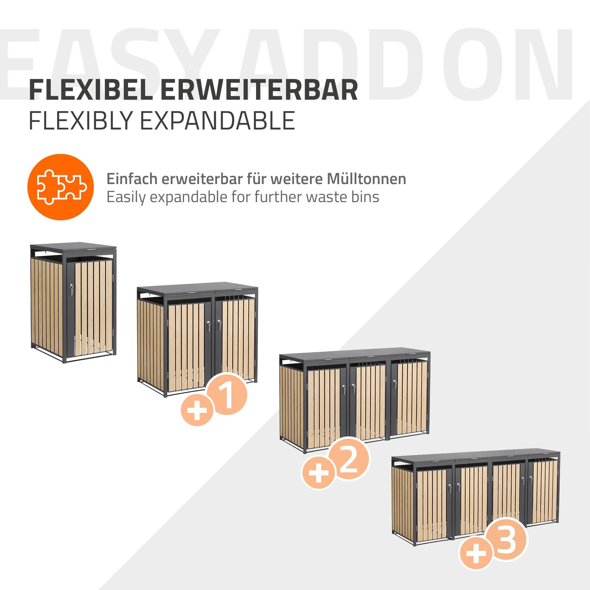 ML-Design Mülltonnenbox 3er 240L, Mülltonnenverkleidung für 3 Mülltonnen, Müllbox wetterfest, Mülltonnenhaus aus Stahl, Müllcontainer mit Deckel, abschließbare Tür, 200x80x120 cm, Anthrazit-Holzoptik