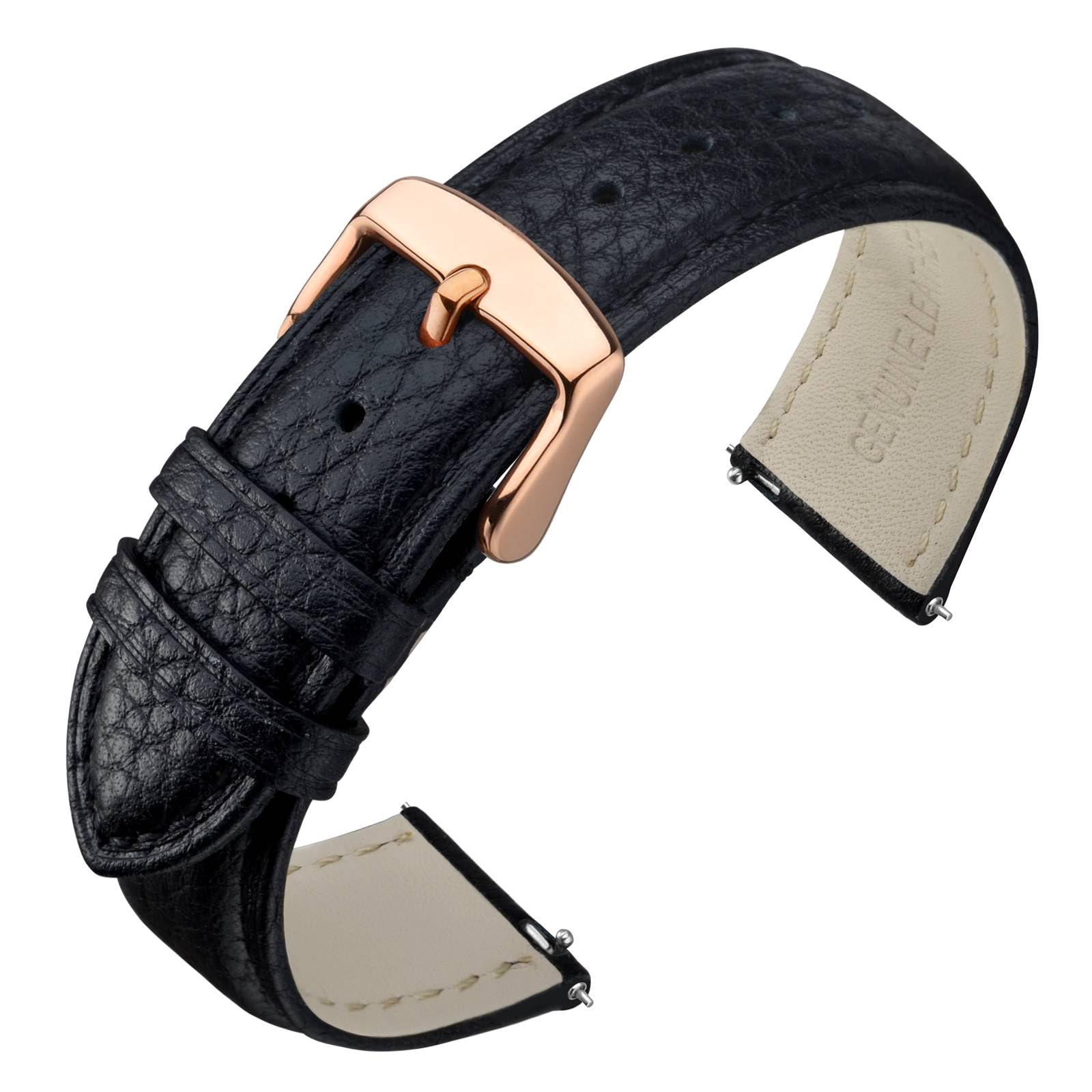ANNEFIT Watch Band 14mm, Quick Release Textured Padded Leather Straps with Rose Gold Buckle for Men and Women (Black)