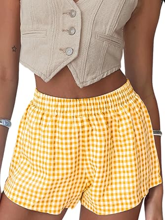 Chunoy Womens Y2K Pajama Shorts - Stylish Plaid Boxers for Women, Gingham Womens Boxer Shorts with Pockets US, Alpha, X-Large, Regular, Regular, Yellow
