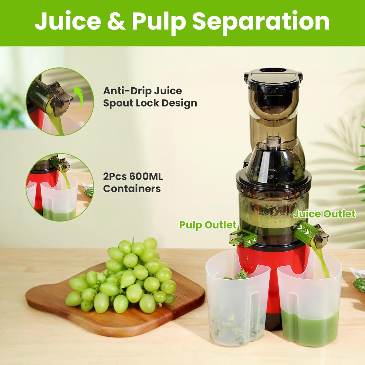 Cold Press Juicer, 300W Slow Masticating Juicer Machines, Cold Pressed Juicer Machines Large Feed Chute Fit Whole Fruits & Vegetables, Reverse Function, Easy to Clean with Brush
