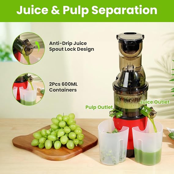 Cold Press Juicer, 300W Slow Masticating Juicer Machines, Cold Pressed Juicer Machines Large Feed Chute Fit Whole Fruits & Vegetables, Reverse Function, Easy to Clean with Brush