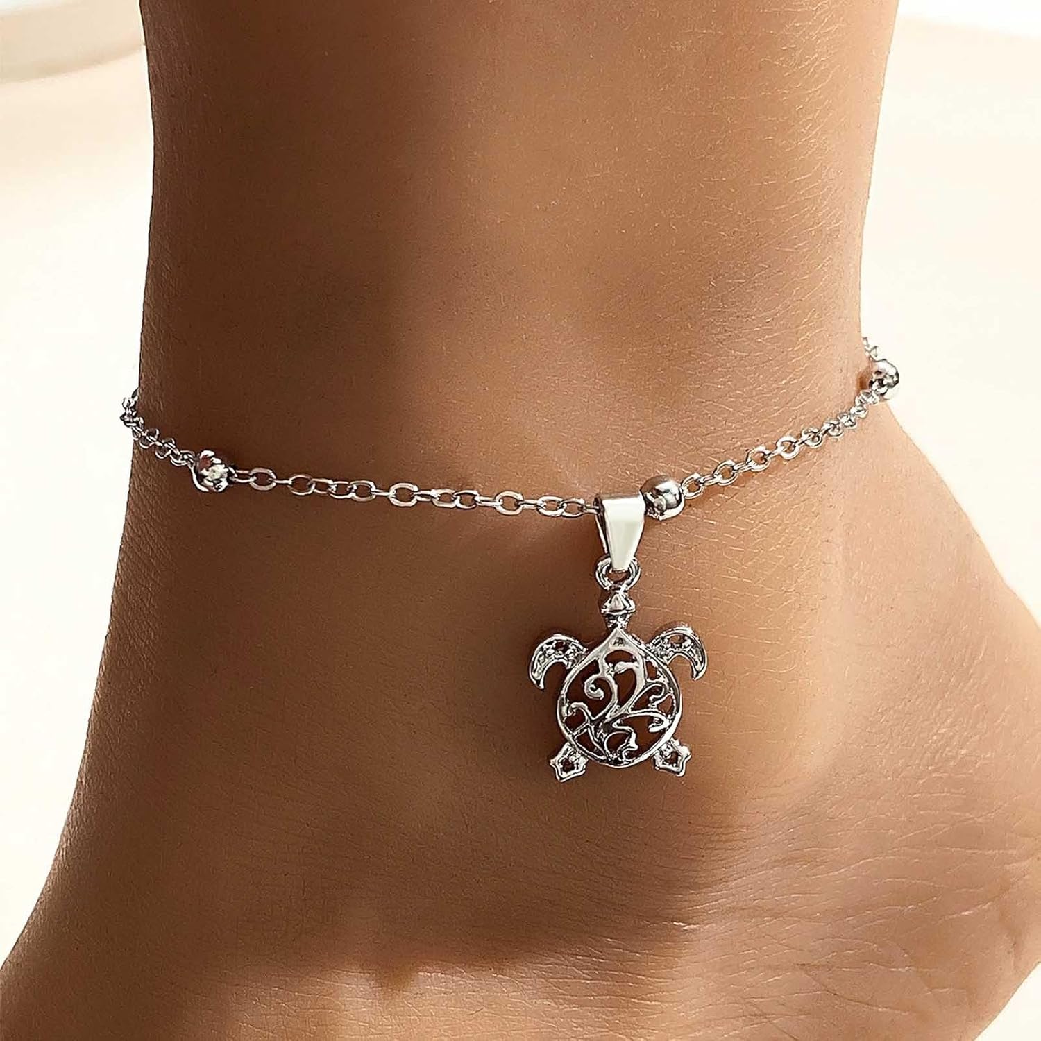 Bohemian Turtle Ankle Bracelet Silver Hollow Turtles Ankle Bracelet Station Bead Chain Anklet Metal Sea Turtle Foot Chain Anklet Summer Beach Foot Chain Jewelry for Women - Image 2