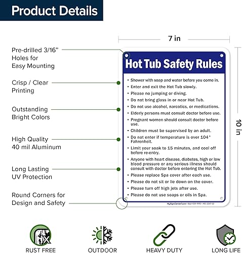 Vista 22 de Letrero de reglas de seguridad para bañera de hidromasaje, 10 x 14 pulgadas, libre de óxido, aluminio 040, resistente a la decoloración, fabricado