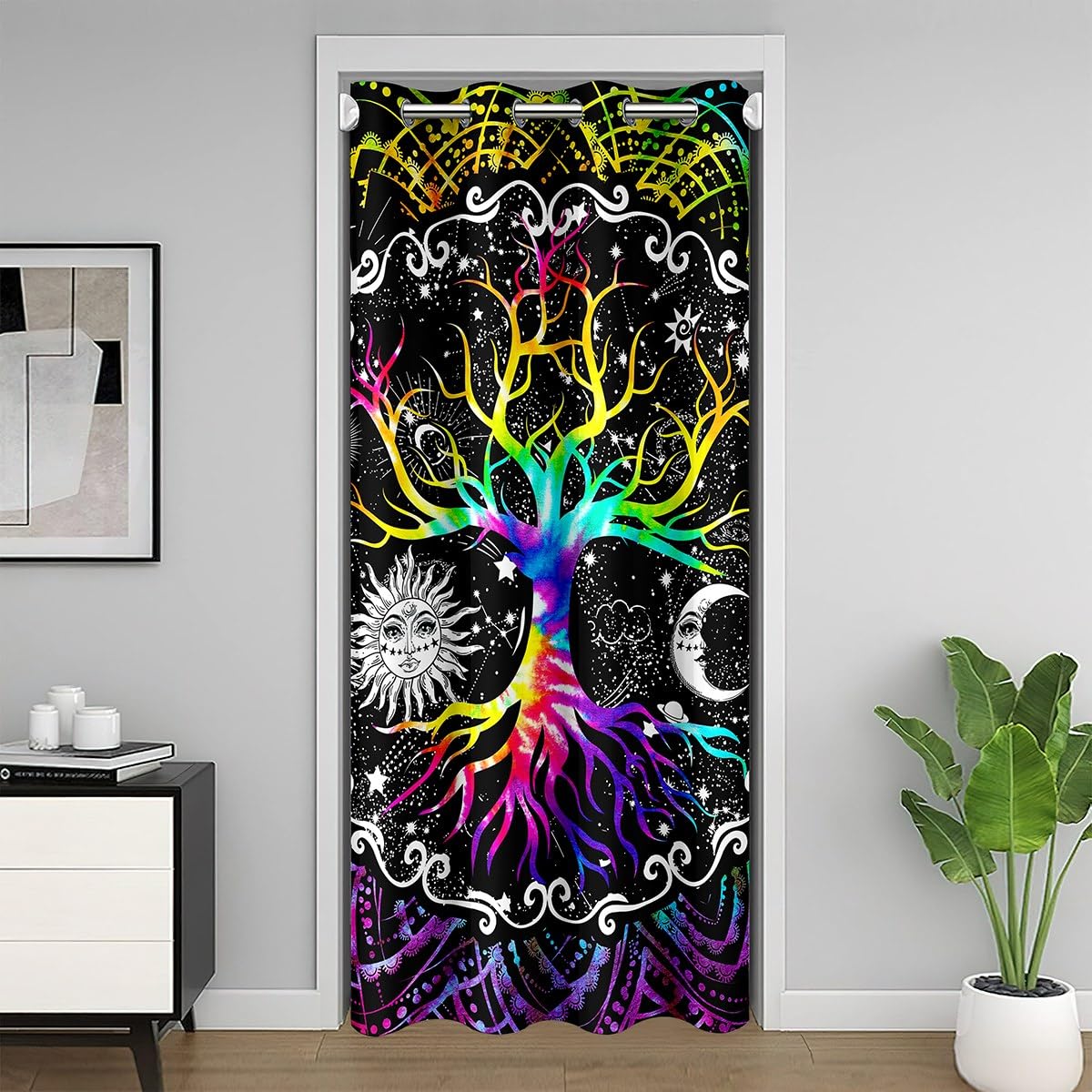 Erosebridal Trippy Sun And Moon Door Curtain for Doorways Privacy,Black White Blackout Kids, Tree Of Life Doorway Curtain, Galaxy Stars Mandala Tribal Closet Cover 34''W X 80''L