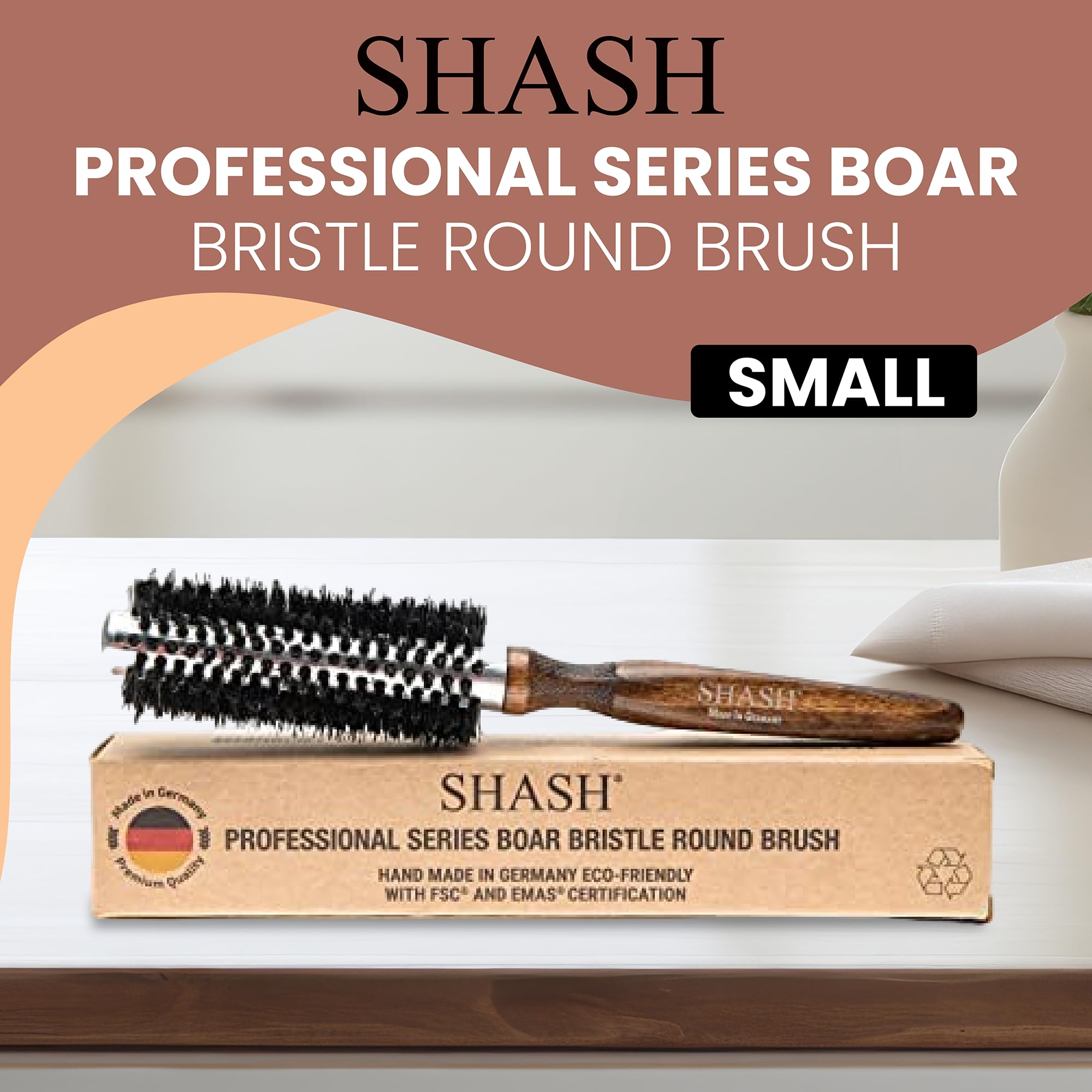 SHASH Desde 1869 Cepillo Redondo Pelo de Jabalí (Pequeño) | Añade Volumen, Combate el Encrespamiento, Promueve Cabello Suave, Madera Ecológica