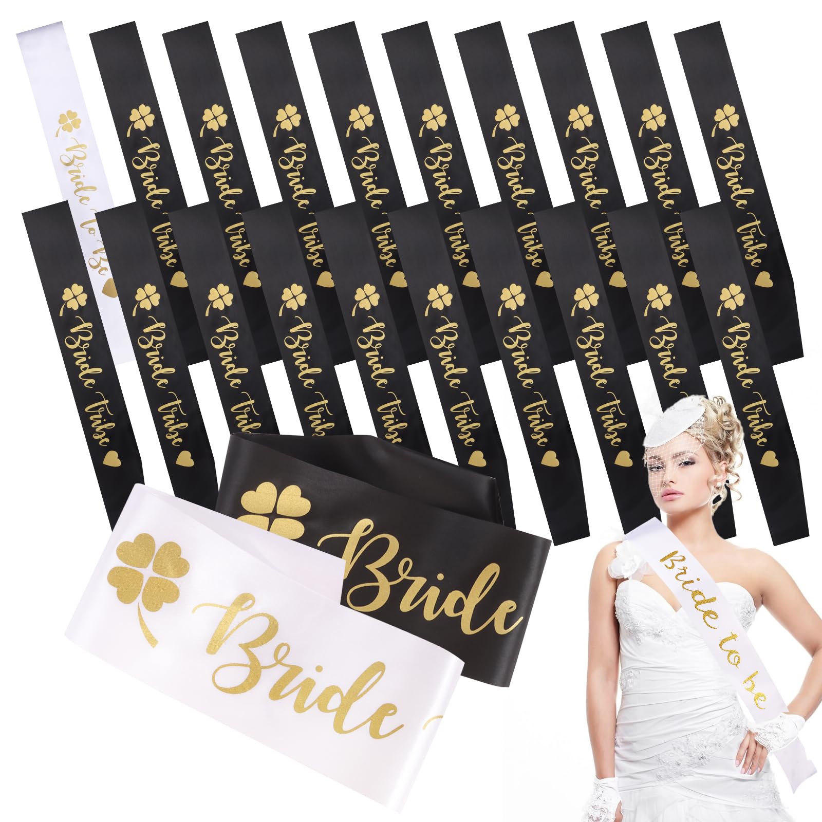20PCS Hen Party Accessories - 19 PCS Black Team Bride Sashes, 1PC White Bride to Be Sash - Hen Do Accessories for Wedding Bachelorette Bridal Party Supplies