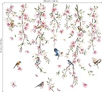 Vista 5 de decalmile Calcomanías de pared colgantes con diseño de vid, hojas florales rosas, pájaros, calcomanías de pared para dormitorio, sala de estar